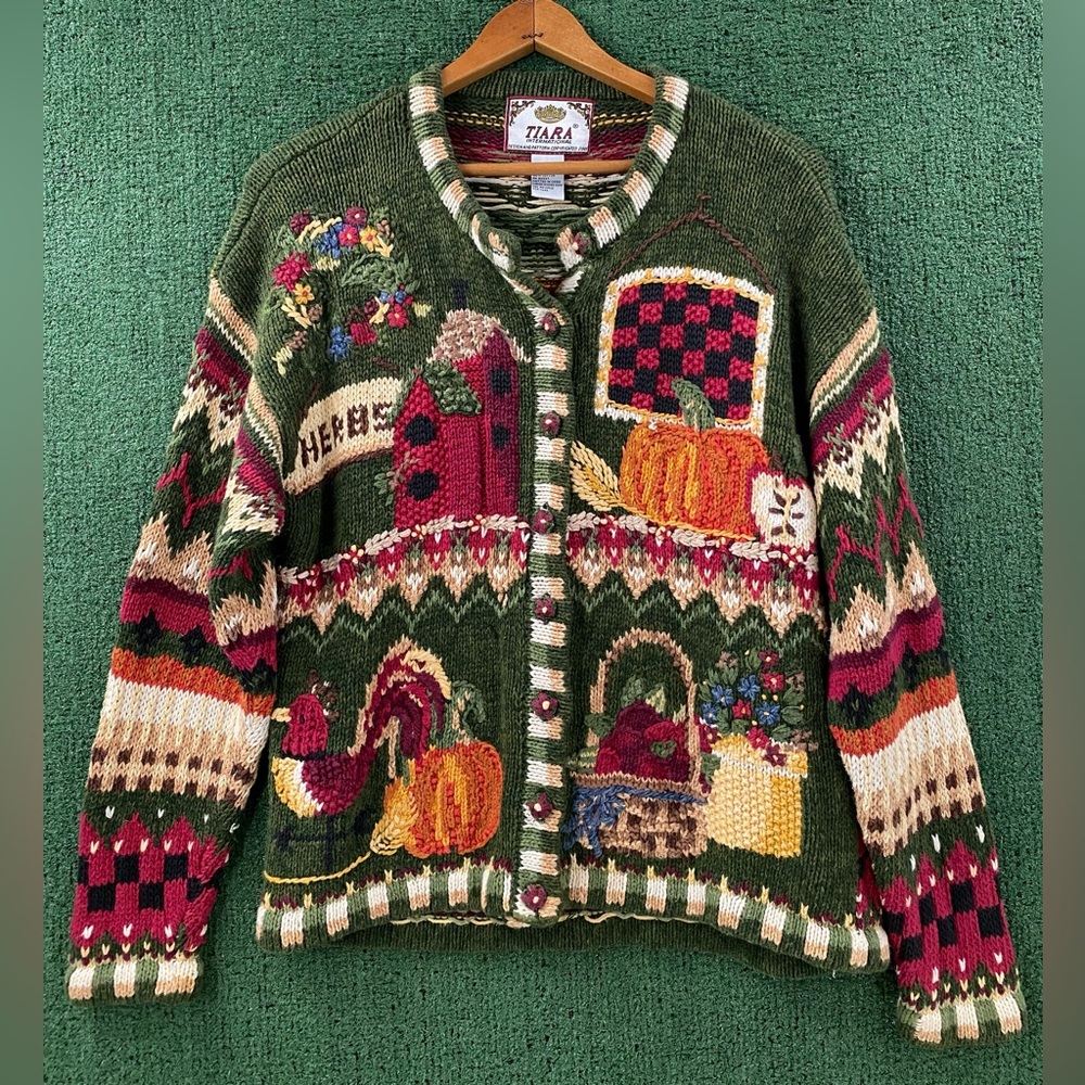VTG Y2K Tiara Fall Barn Flowers Pumpkins Cardigan Sweater Womens Sz Medium